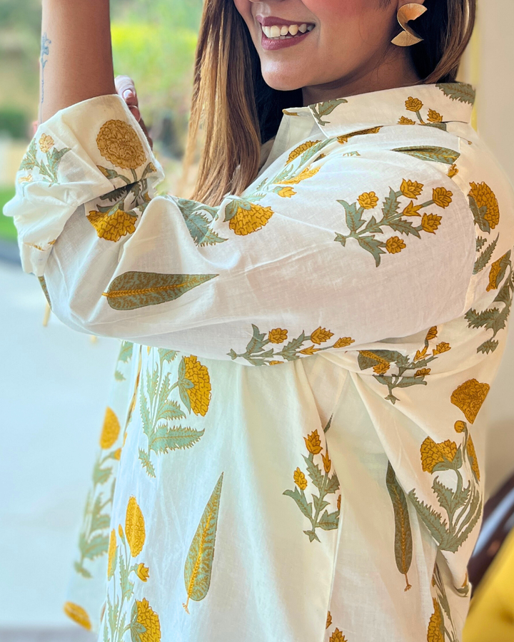 Yellow Floral Printed Cotton Shirt For Women