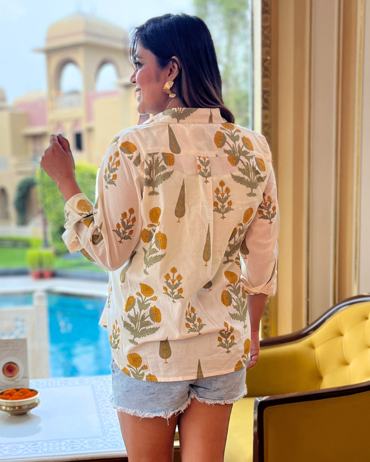 Yellow Floral Printed Cotton Shirt For Women