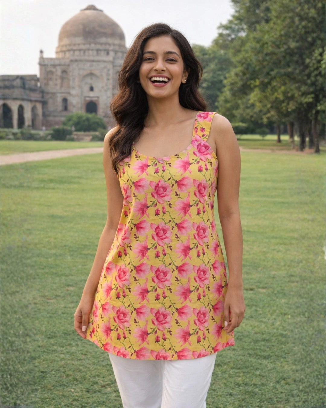 Soft Yellow Roses Sleeveless Women's Short Kurti