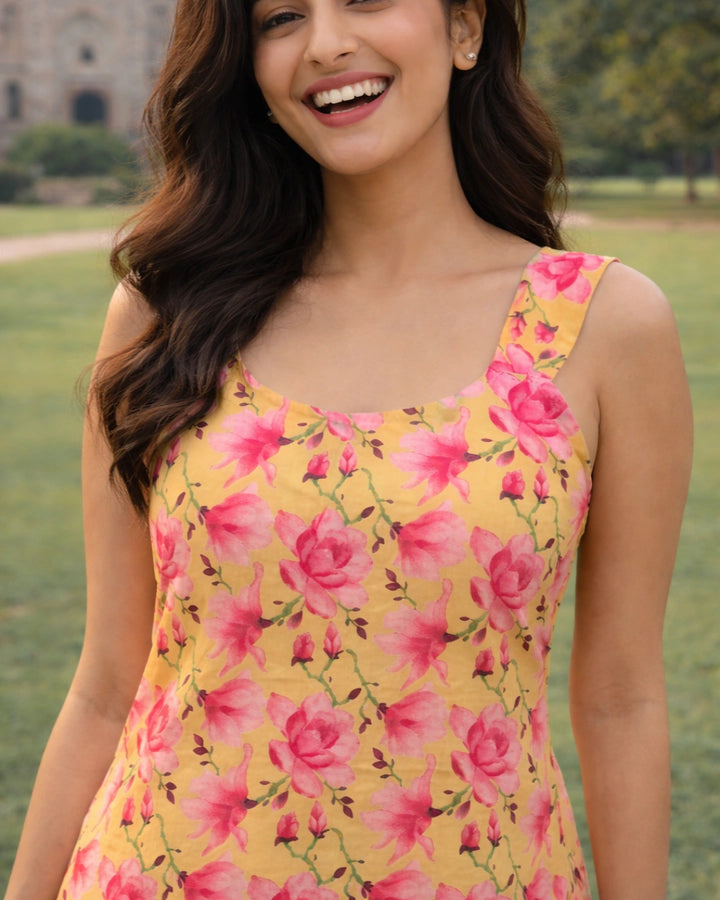 Beluga Yellow Roses Sleeveless Women's Short Kurti