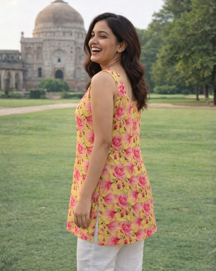Beluga Yellow Roses Sleeveless Women's Short Kurti