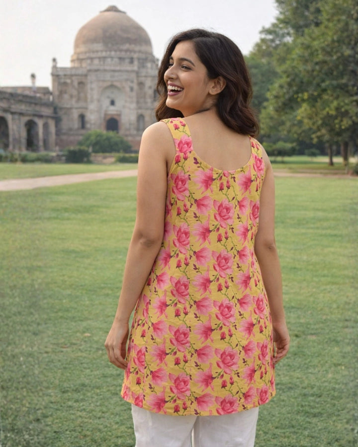 Soft Yellow Roses Sleeveless Women's Short Kurti