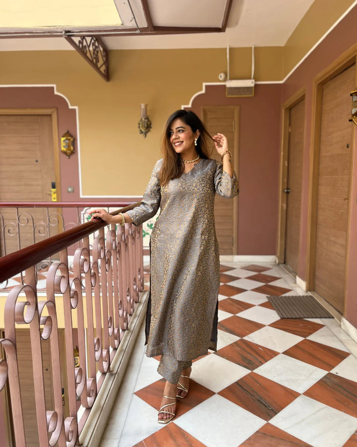 Zoya Grey Silk Kurta & Pants - Set Of 2