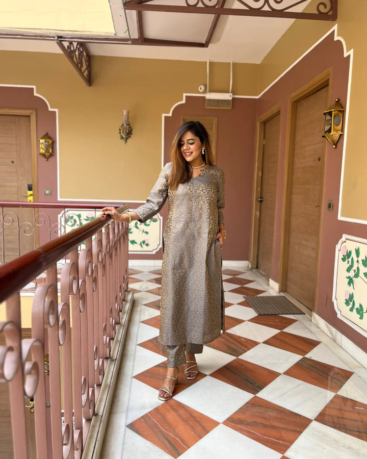Zoya Grey Silk Kurta & Pants - Set Of 2