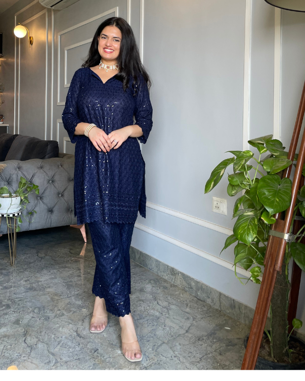 Navy Blue Chikankari Kurta & Palazzo - Set of 2