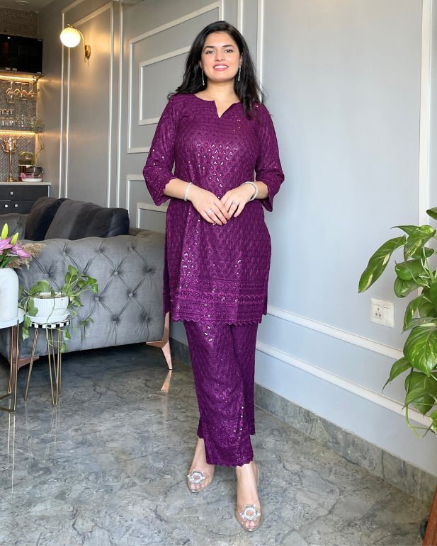 Gehra Jamun Chikankari Kurta & Palazzo - Set of 2