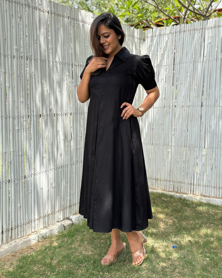Black Cotton A-line Dress