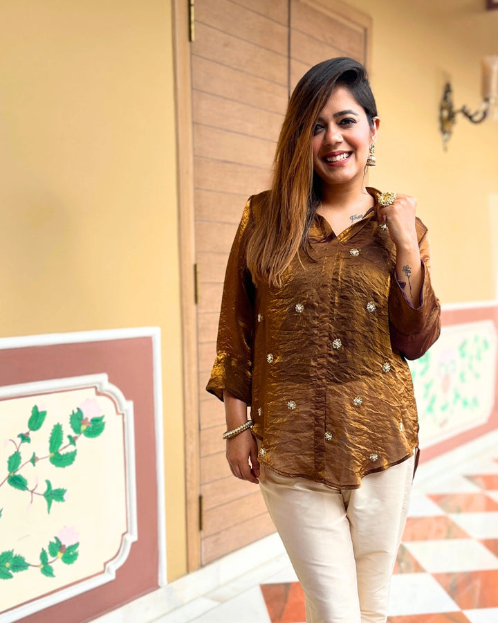 Bronze Embroidered Soft Tissue Shirt For Women