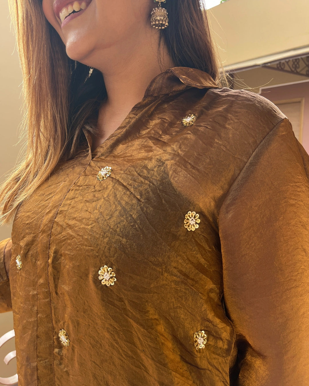 Bronze Embroidered Soft Tissue Shirt For Women
