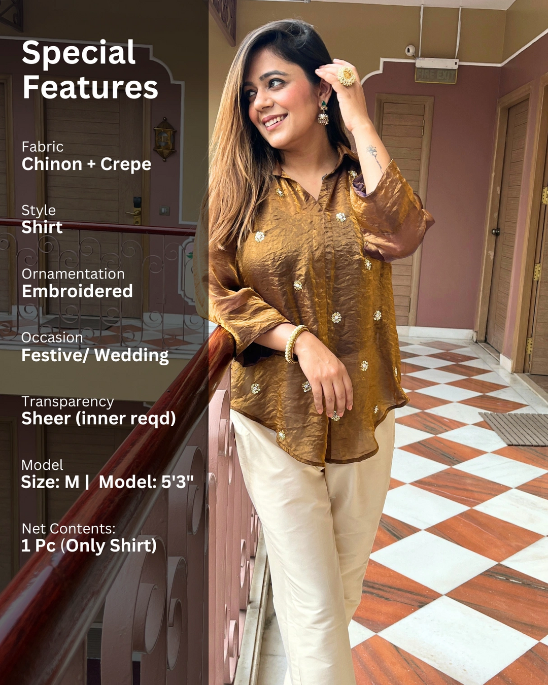 Bronze Embroidered Soft Tissue Shirt For Women
