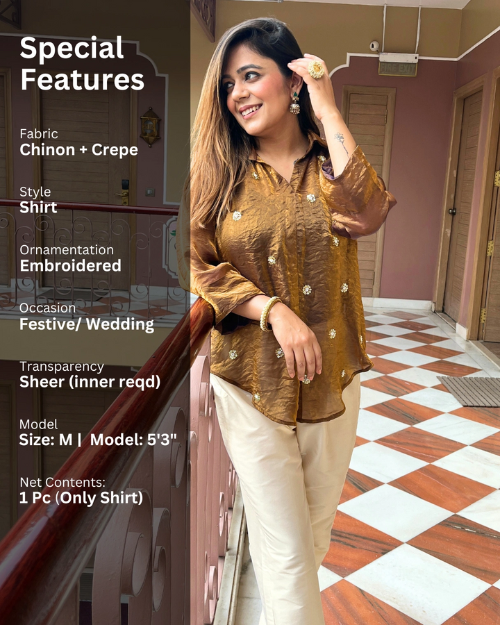 Bronze Embroidered Soft Tissue Shirt For Women