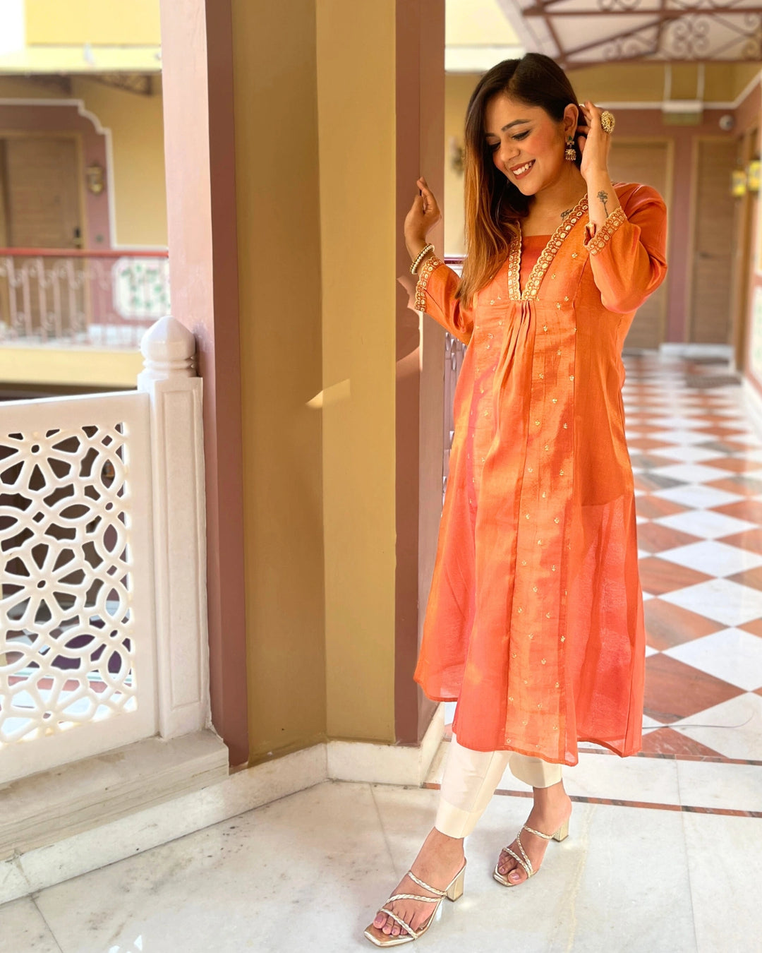 Burnt Orange Chanderi Silk Kurta