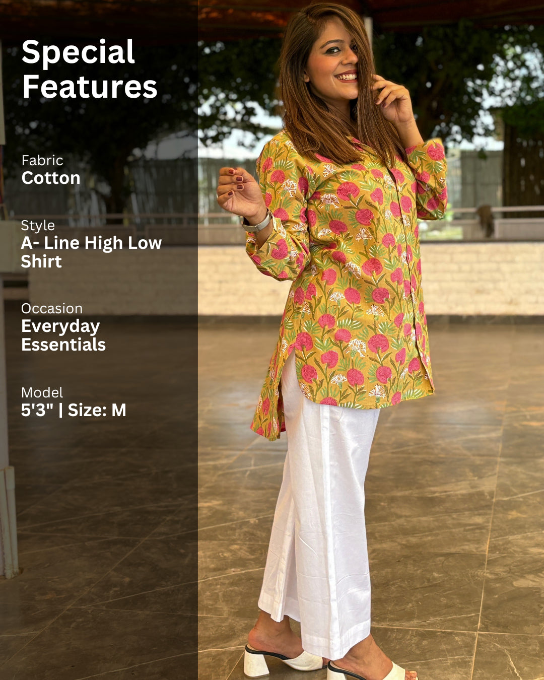 Dusty Mustard Floral Printed Long Cotton Aline Shirt