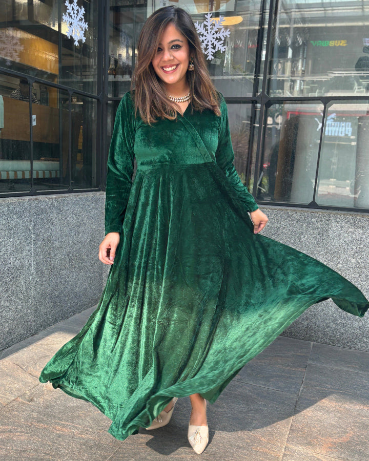 Green Fit and Flare Long Velvet Dress