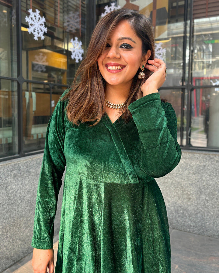 Green Fit and Flare Long Velvet Dress