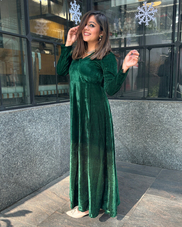 Green Fit and Flare Long Velvet Dress The Svaya