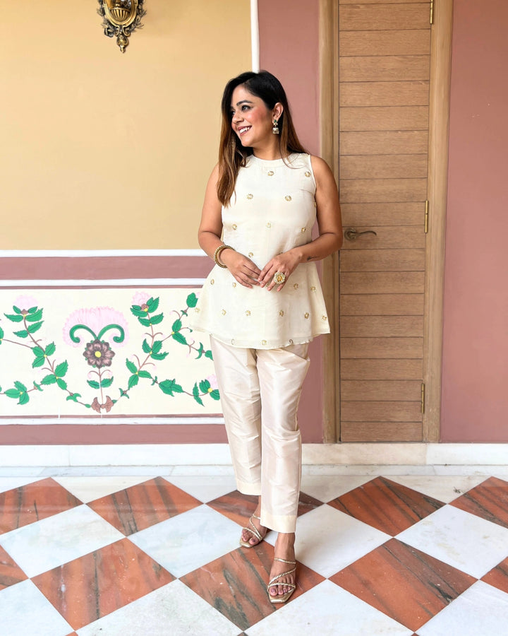 Ivory Gold Sleeveless Festive Top For Women