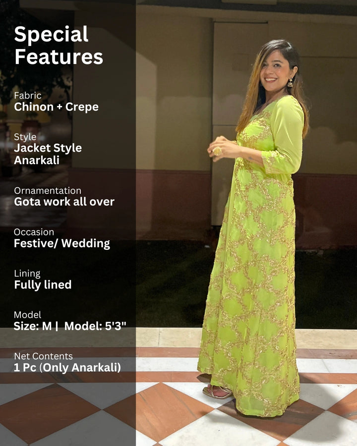 Lime Green Gota Embroidered Anarkali Dress For Women
