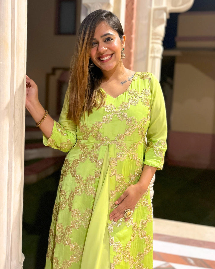 Lime Green Gota Embroidered Anarkali Dress For Women