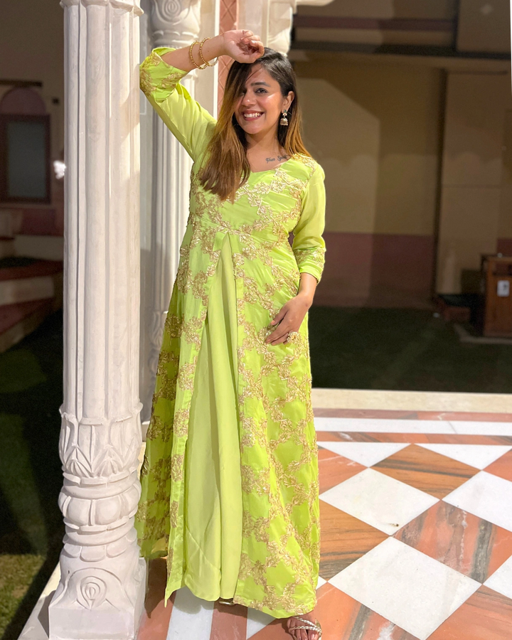 Lime Green Gota Embroidered Anarkali Dress For Women