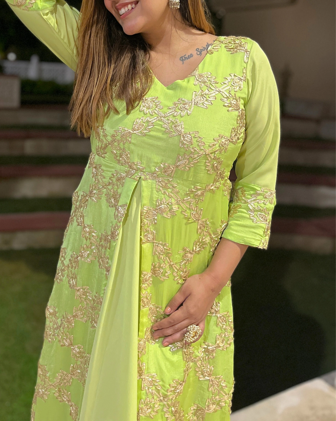 Lime Green Gota Embroidered Anarkali Dress For Women