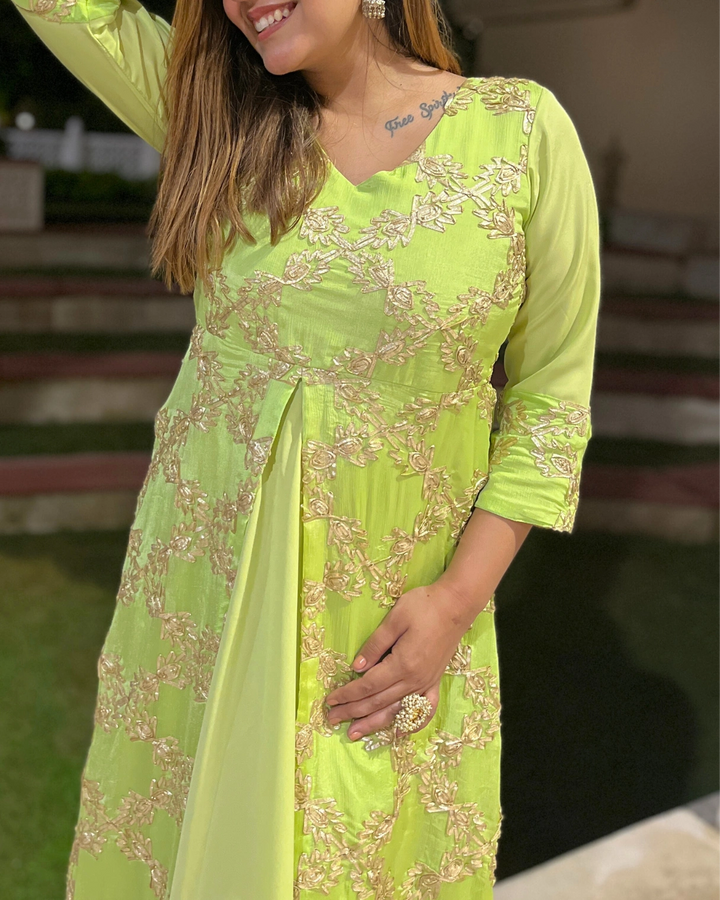 Lime Green Gota Embroidered Anarkali Dress For Women