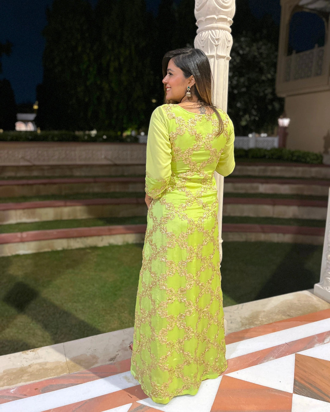 Lime Green Gota Embroidered Anarkali Dress For Women