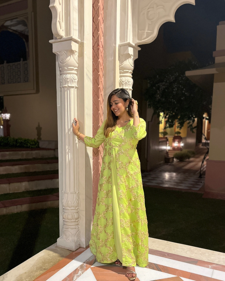 Lime Green Gota Embroidered Anarkali Dress For Women