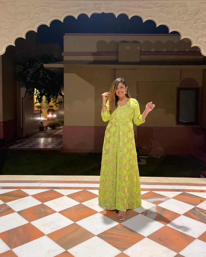 Lime Green Gota Embroidered Anarkali Dress For Women