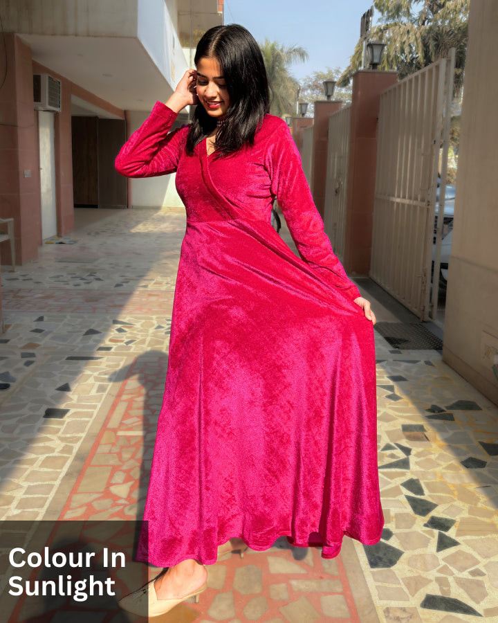 Magenta Pink Fit and Flare Long Velvet Dress