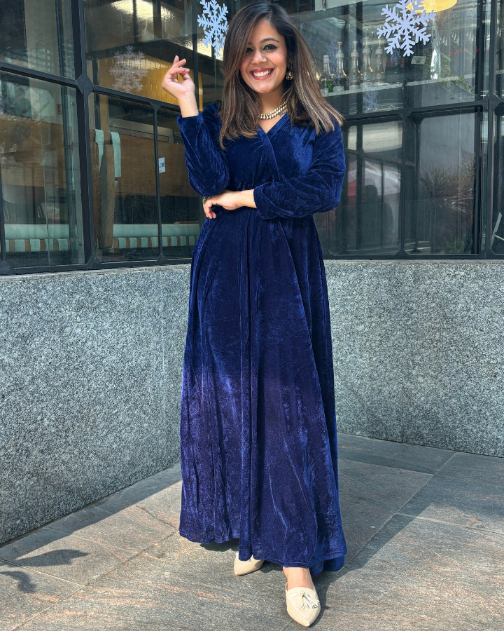 Navy Blue Fit and Flare Long Velvet Dress