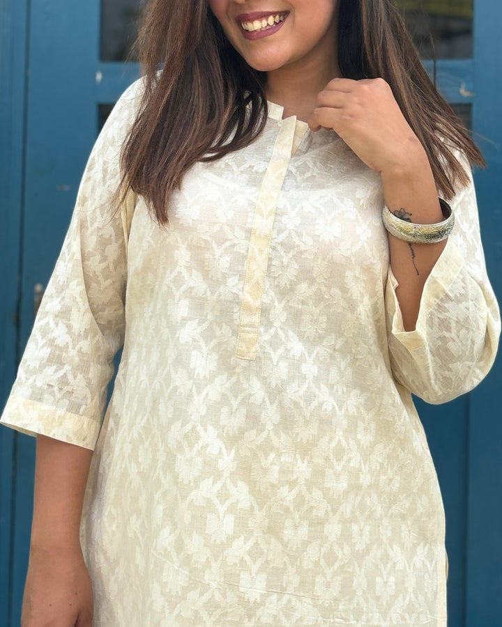 Off White Floral Weave Cotton Straight Kurti