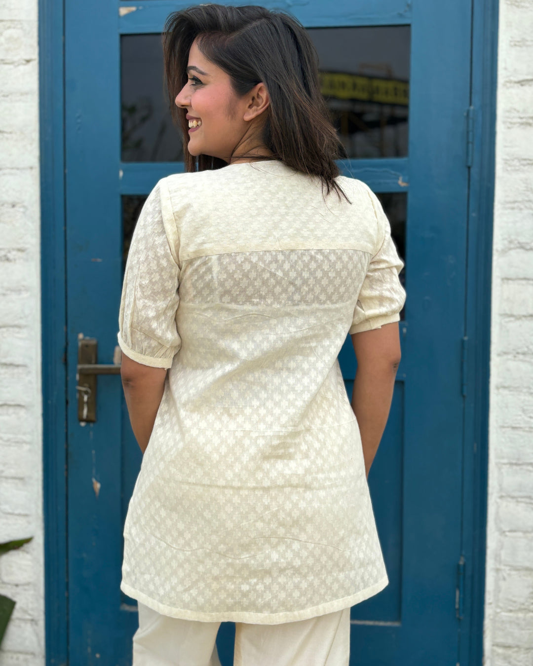 Off White Front Buttoned Cotton Straight Kurti