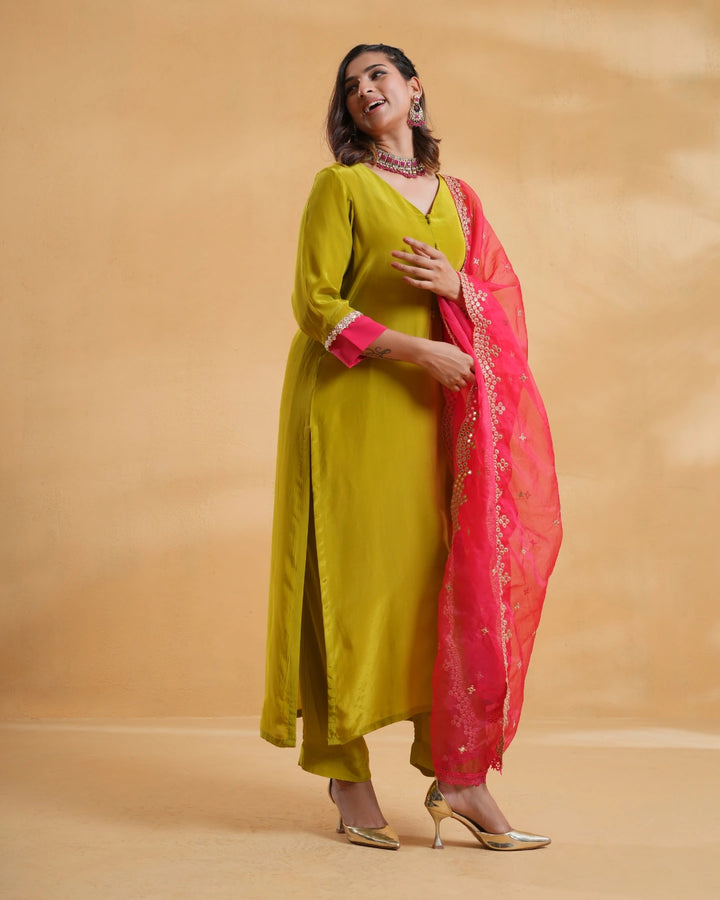 Olive Green Crepe Suit For Women - Set of 3