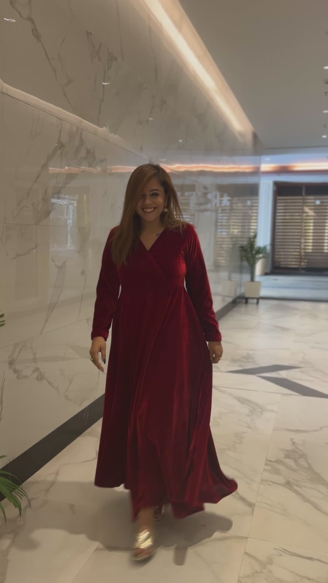 Wine Red Fit and Flare Long Velvet Dress