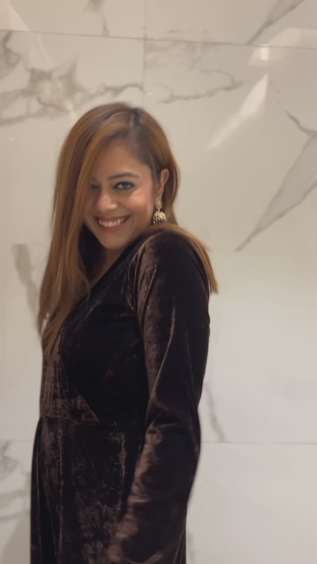 Clove Brown Fit and Flare Long Velvet Dress