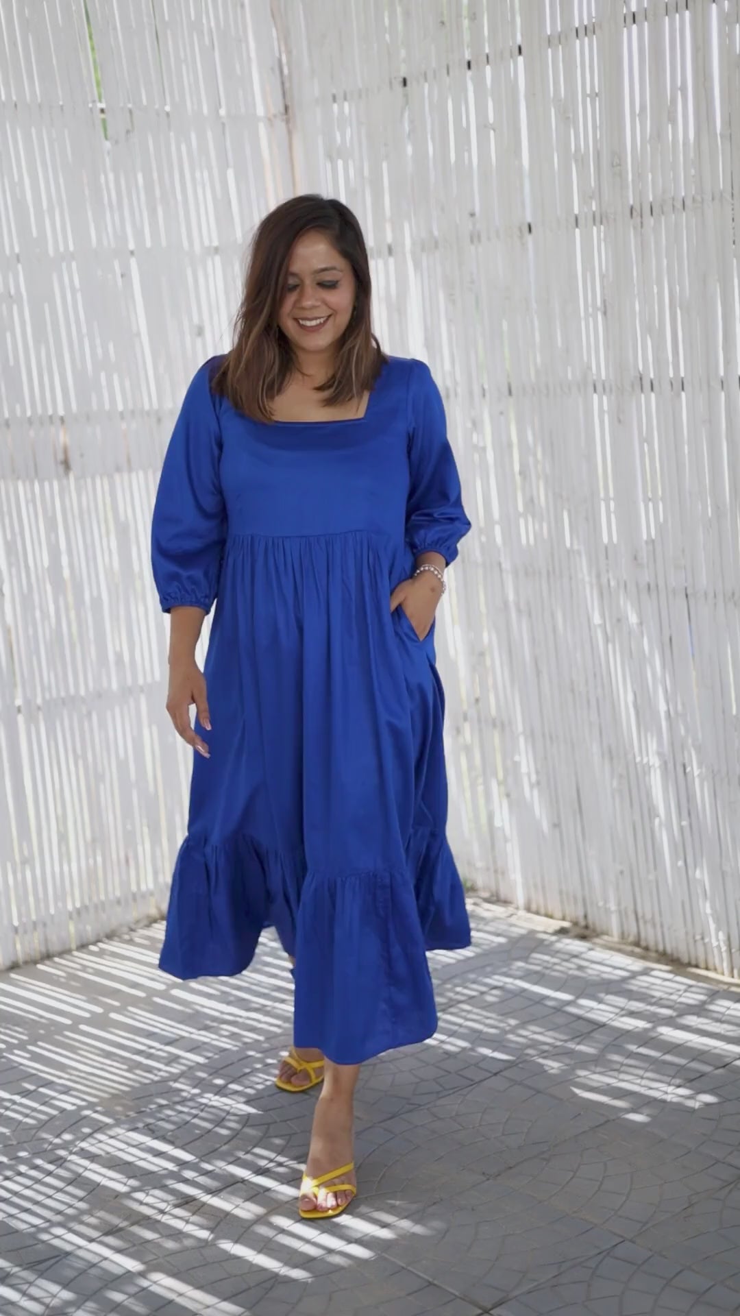 Solid Electric Blue Tiered Midi Dress