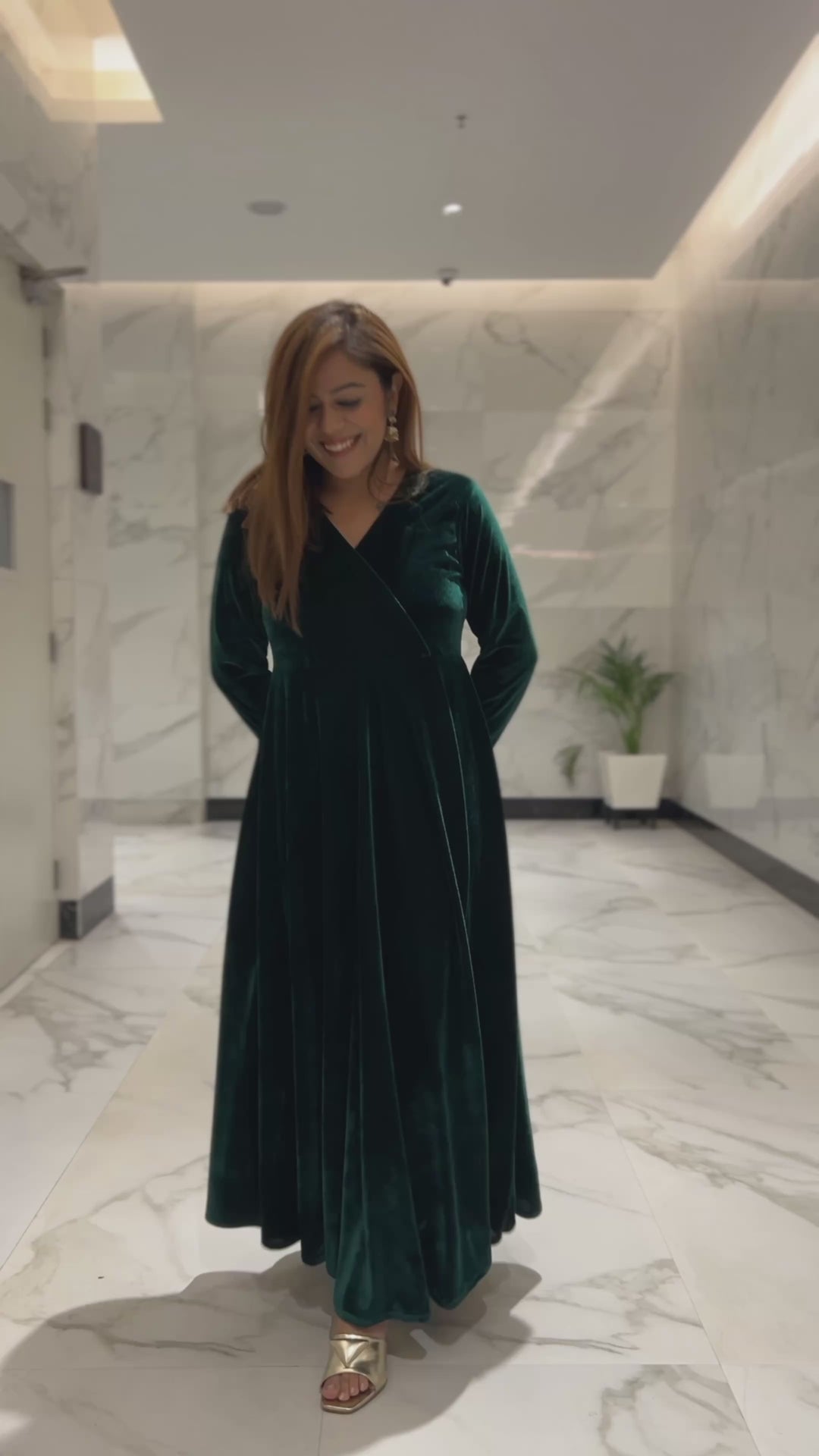 Green Fit and Flare Long Velvet Dress