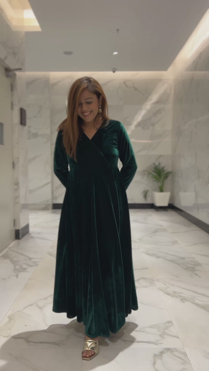 Green Fit and Flare Long Velvet Dress