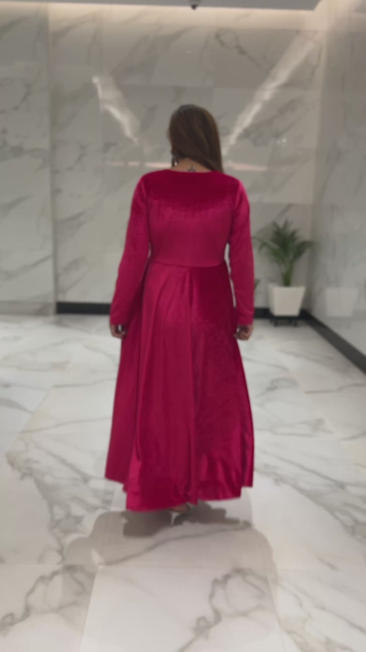 Magenta Pink Fit and Flare Long Velvet Dress