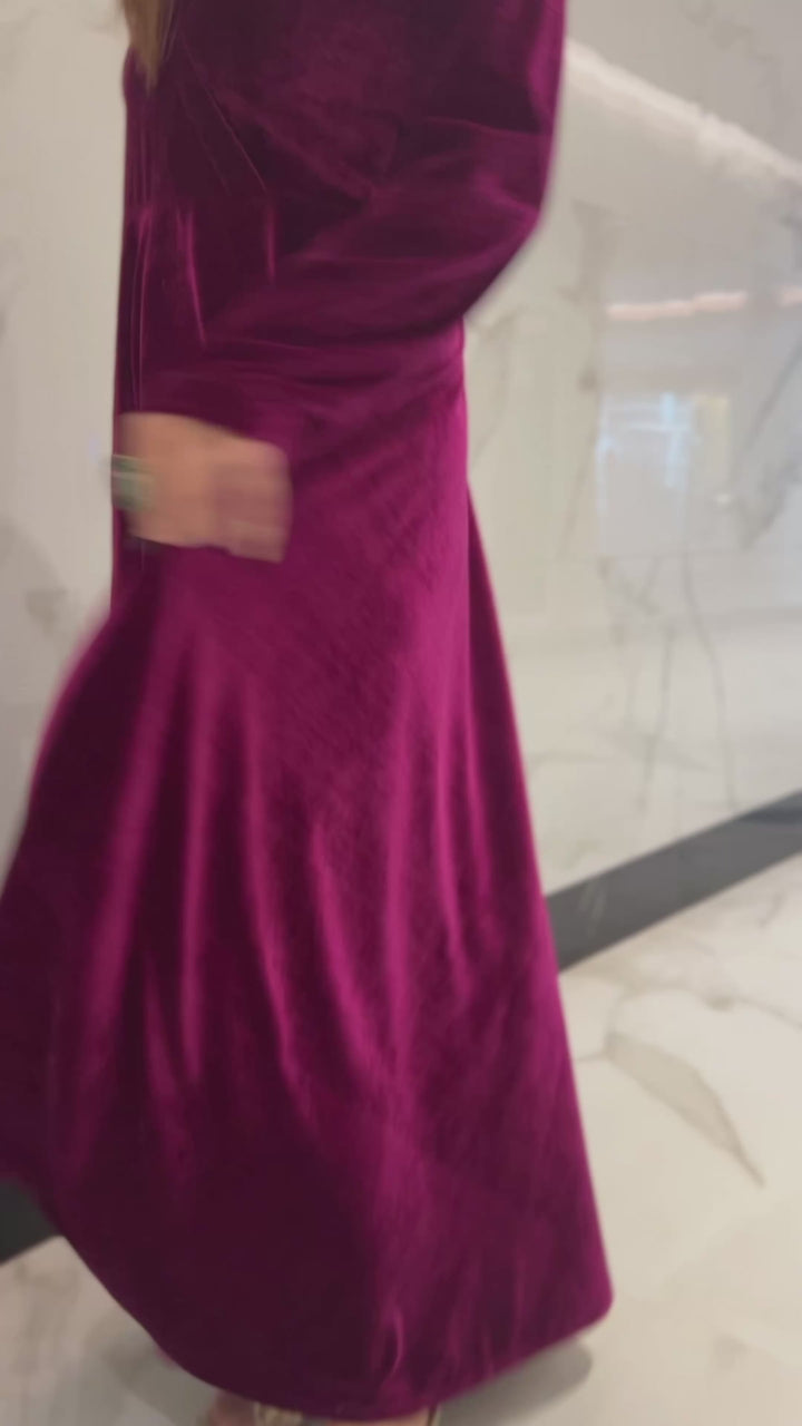 Plum Fit and Flare Long Velvet Dress