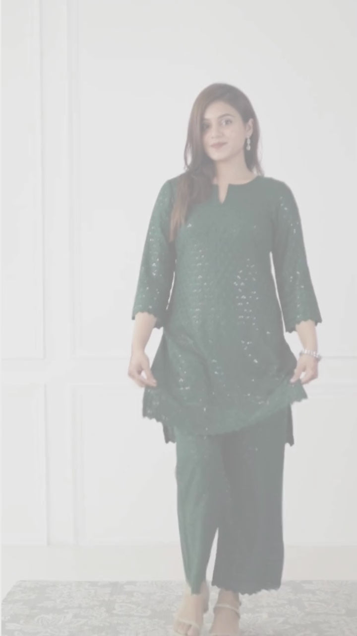 Emerald Green Chikankari Kurta & Palazzo - Set of 2