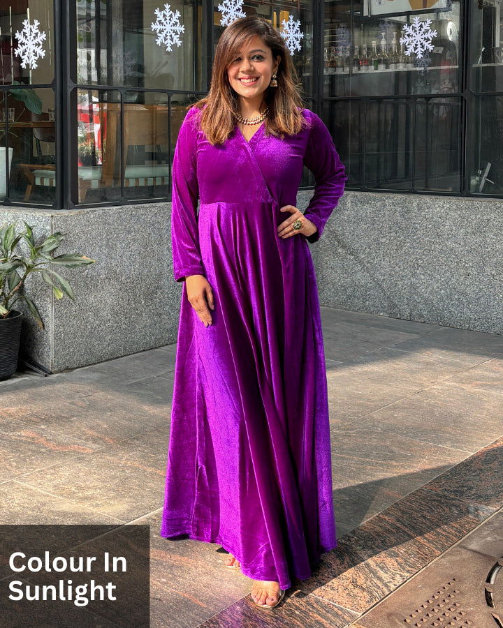 Purple Fit and Flare Long Velvet Dress The Svaya Purple Fit and Flare Long Velvet Dress The Svaya