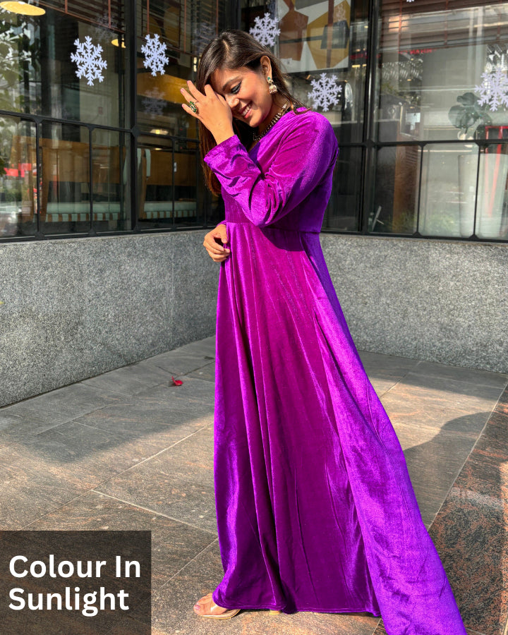 Purple Fit and Flare Long Velvet Dress