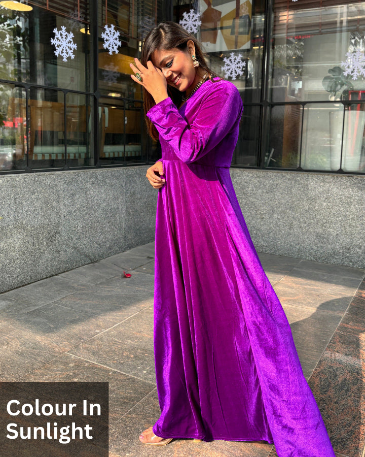 velvet purple dress Velvet Purple Midi Dress With Long Sleeves: Fall and Winter Special Occasion, Christmas, Plus Size