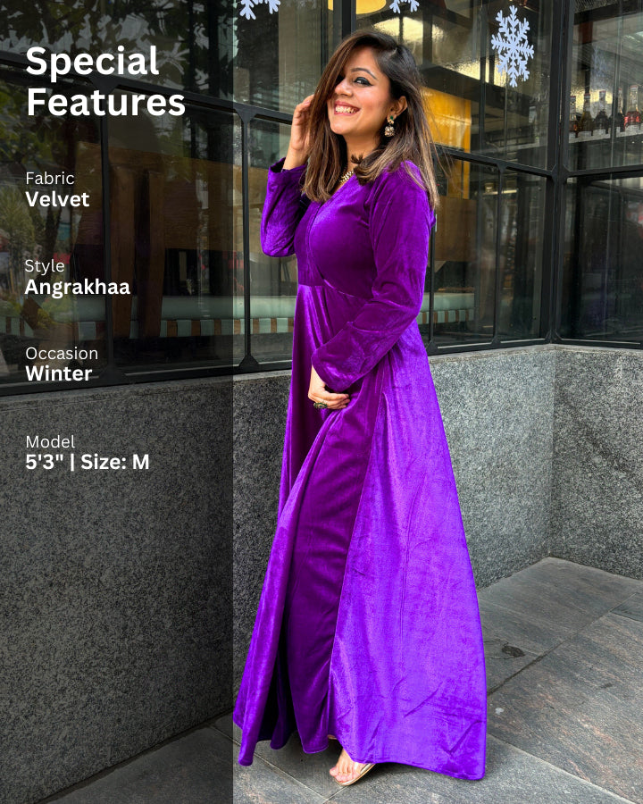 Purple Fit and Flare Long Velvet Dress The Svaya Purple Fit and Flare Long Velvet Dress The Svaya