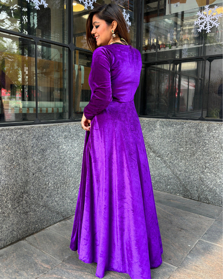 Purple Fit and Flare Long Velvet Dress