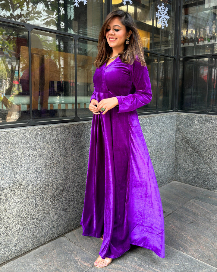 Purple Fit and Flare Long Velvet Dress The Svaya Purple Fit and Flare Long Velvet Dress The Svaya