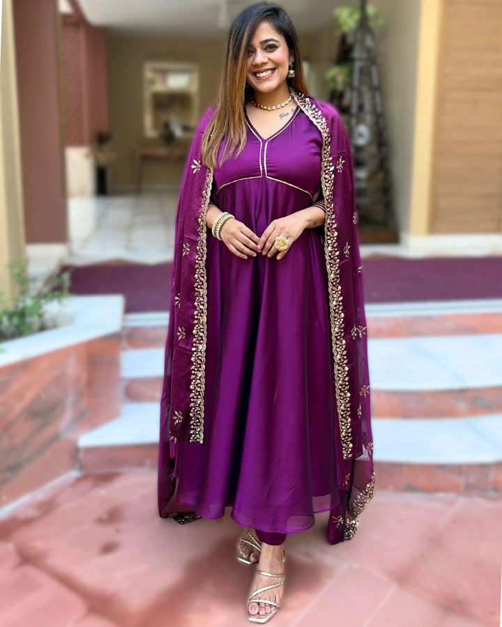 Purple Chinon Anarkali Suit with Dupatta - Set of 3