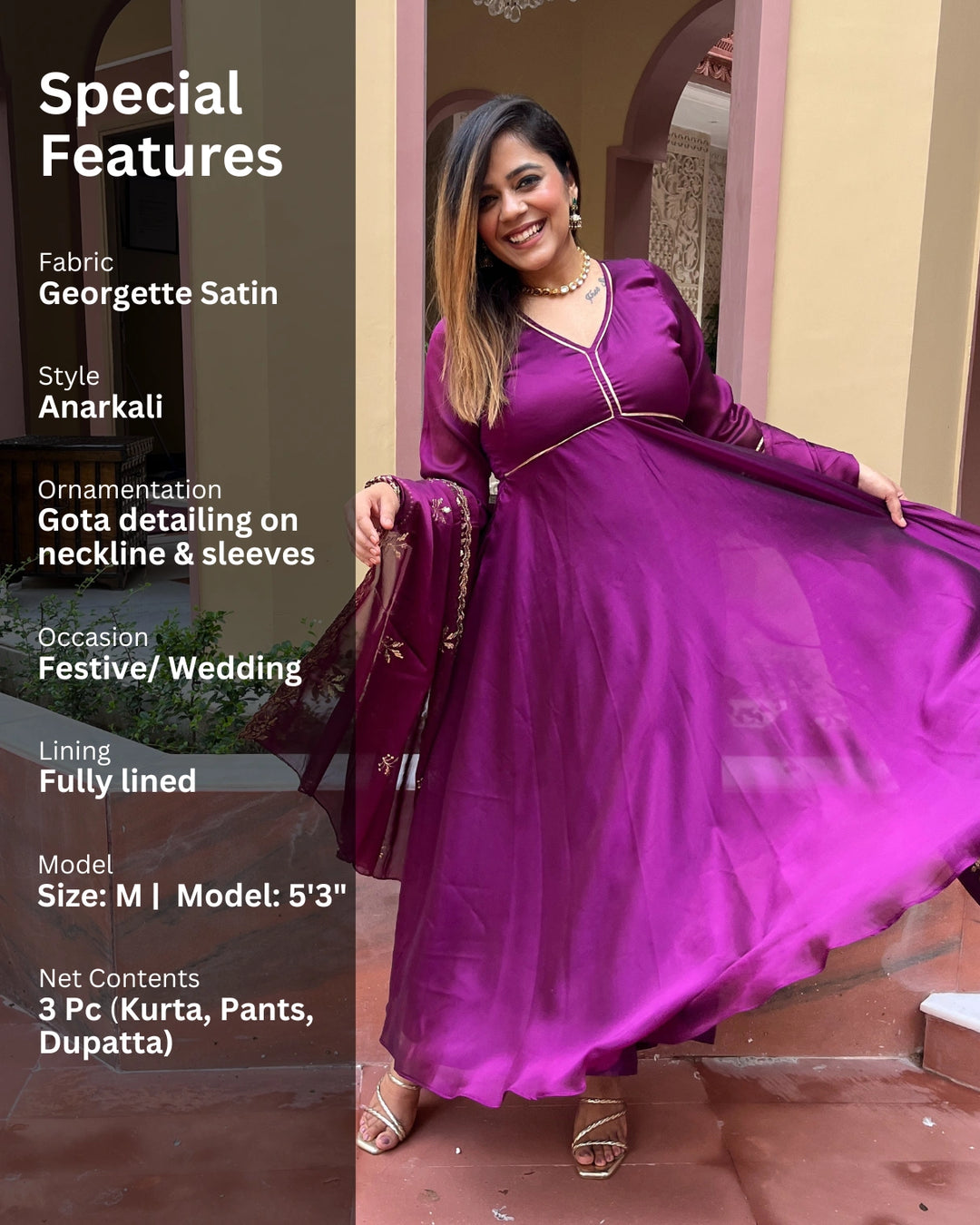 Purple Chinon Anarkali Suit with Dupatta - Set of 3